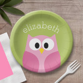 かわいい漫画フクロウ – ピンクとライムグリーン ペーパープレート
