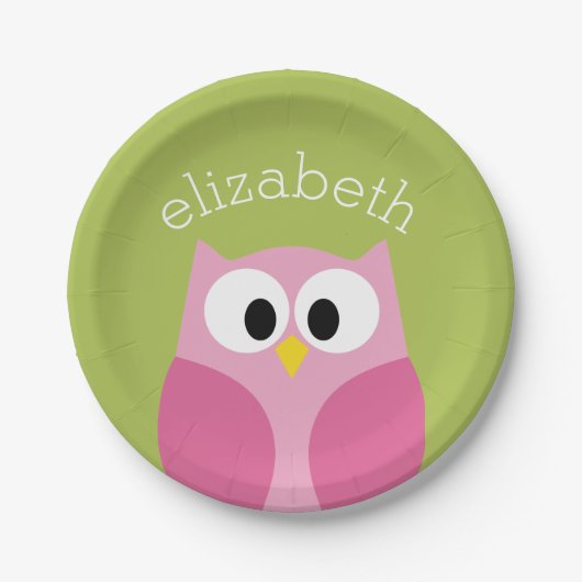 かわいい漫画フクロウ – ピンクとライムグリーン ペーパープレート (正面)