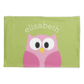 かわいい漫画フクロウ – ピンクとライムグリーン 枕カバー (裏面)