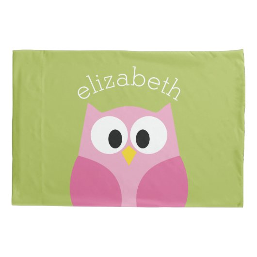 かわいい漫画フクロウ – ピンクとライムグリーン 枕カバー (裏面)