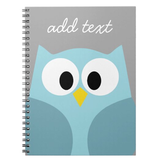 かわいい漫画フクロウ – 青と灰色の名前をカスタムする ノートブック (正面)