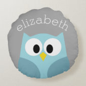 かわいい漫画フクロウ – 青と灰色の名前をカスタムする ラウンドクッション (裏面)