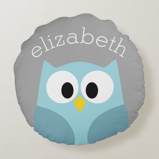 かわいい漫画フクロウ – 青と灰色の名前をカスタムする ラウンドクッション (裏面)