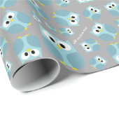 かわいい漫画フクロウ – 青と灰色の名前をカスタムする ラッピングペーパー (ロールコーナー)