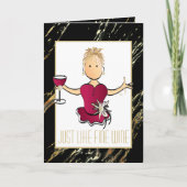 かわいい漫画ブラック金ゴールドスパークルレッドワイン誕生日 カード (正面)