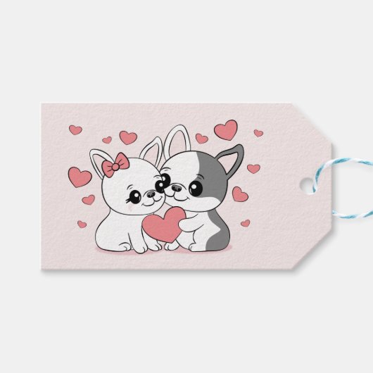 かわいい漫画ブルドッグ愛好家ハートバレンタインデー ギフトタグ (正面(横))