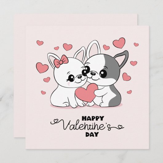 かわいい漫画ブルドッグ愛好家ハートバレンタインデー シーズンカード (正面/裏面)