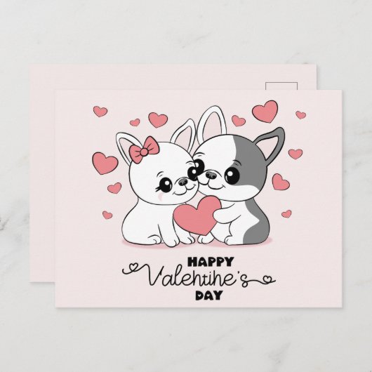 かわいい漫画ブルドッグ愛好家ハートバレンタインデー ポストカード (正面/裏面)