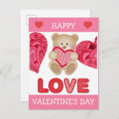 かわいい漫画ベアーピンク赤いハートバレンタインデー ポストカード (正面/裏面)