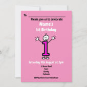 かわいい漫画ベビーガール最初の誕生日ピンクパーティー 招待状 (正面)