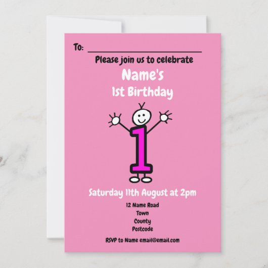 かわいい漫画ベビーガール最初の誕生日ピンクパーティー 招待状 (正面)