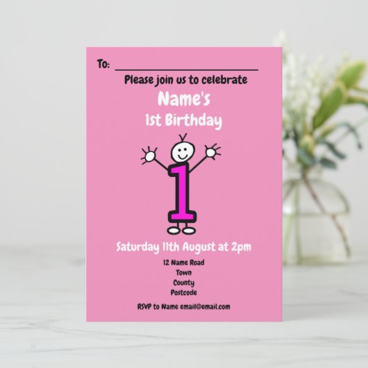 かわいい漫画ベビーガール最初の誕生日ピンクパーティー 招待状 (スタンド正面)