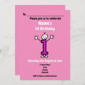 かわいい漫画ベビーガール最初の誕生日ピンクパーティー 招待状 (正面/裏面)