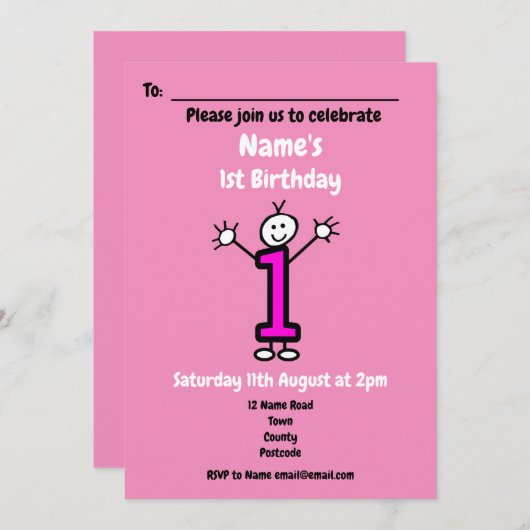 かわいい漫画ベビーガール最初の誕生日ピンクパーティー 招待状 (正面/裏面)