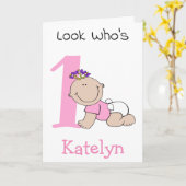 かわいい漫画ベビーガール1st誕生日 カード (黄色い花)