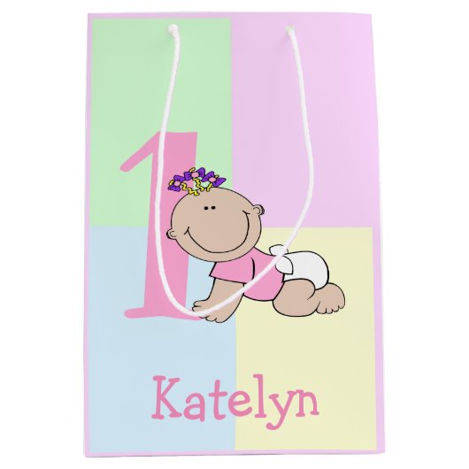 かわいい漫画ベビーガール1st誕生日 ミディアムペーパーバッグ (正面)