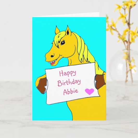 かわいい漫画ポニーとメッセージ誕生日 カード (黄色い花)