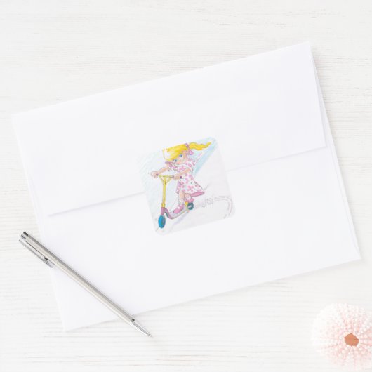 かわいい漫画マイクロスクーター女の子マイクロスクーター スクエアシール (封筒)