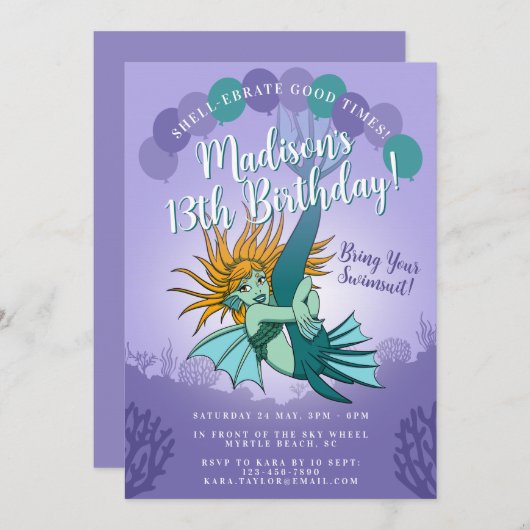 かわいい漫画マーメイドガーリーパープル13誕生日 招待状 (正面/裏面)