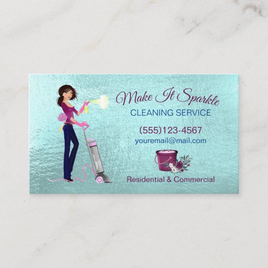 かわいい漫画メイド清掃サービスティール（緑がかった色） 名刺 (正面)