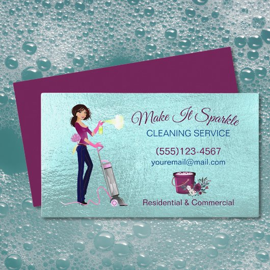 かわいい漫画メイド清掃サービスティール（緑がかった色） 名刺