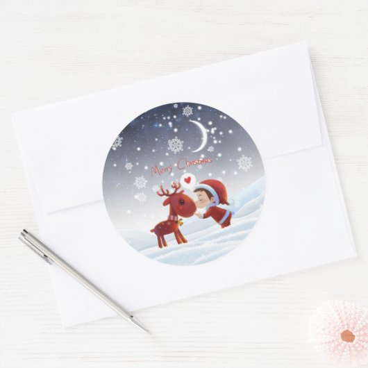 かわいい漫画メリークリスマスボーイキスをするトナカイ ラウンドシール (封筒)