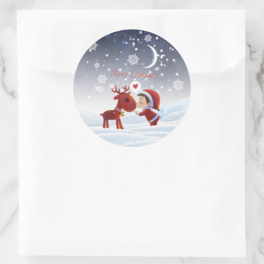 かわいい漫画メリークリスマスボーイキスをするトナカイ ラウンドシール (バッグ)