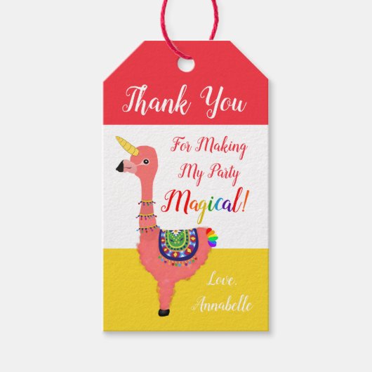 かわいい漫画ユニコーンフラミンゴラマ誕生日パーティー ギフトタグ (正面)