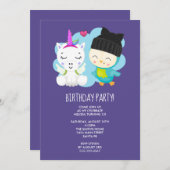かわいい漫画ユニコーン&バーディ誕生日 招待状 (正面/裏面)