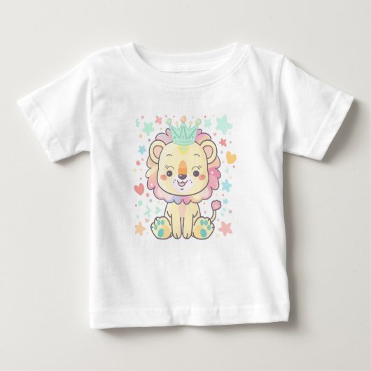 かわいい漫画ライオンの可愛いカブとクラウンベビーTシャツ ベビーTシャツ (正面)