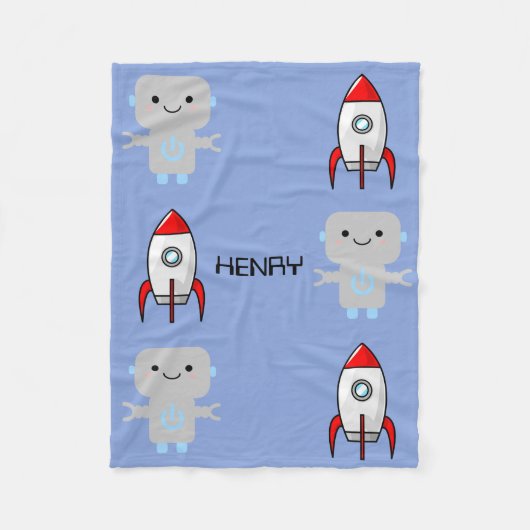 かわいい漫画ロボットロケット フリースブランケット (正面)