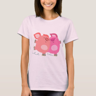 かわいい漫画ローラースケートで滑る豚の女性Tシャツ Tシャツ