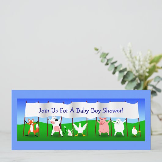 かわいい漫画動物の旗の男の赤ちゃんのシャワー 招待状 (スタンド正面)