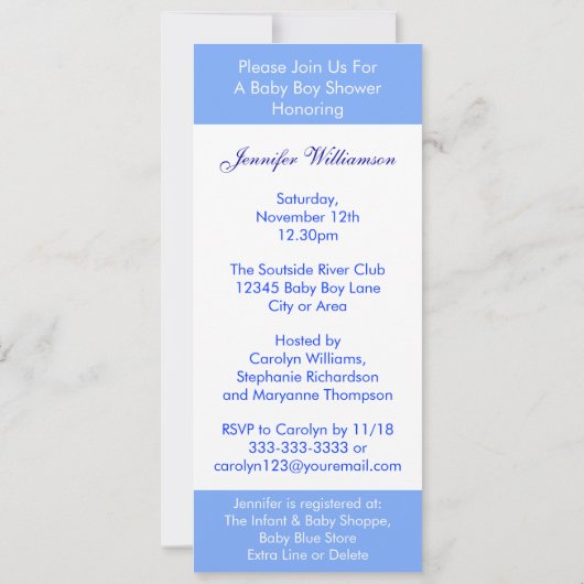 かわいい漫画動物の旗の男の赤ちゃんのシャワー 招待状 (裏面)