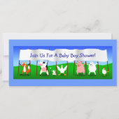 かわいい漫画動物の旗の男の赤ちゃんのシャワー 招待状 (正面)