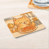 かわいい漫画子猫スパゲティコースターセット スクエアペーパーコースター (アングル)