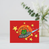 かわいい漫画宇宙キティ猫横はがき ポストカード (スタンド正面)