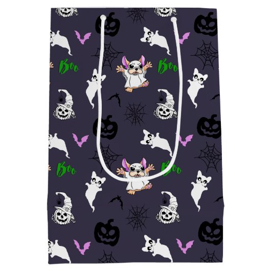 かわいい漫画幽霊ブルドッグハロウィーン抱き枕 ミディアムペーパーバッグ (裏面)