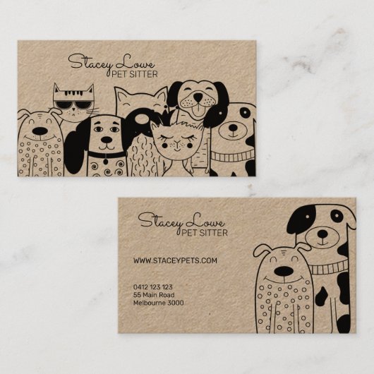 かわいい漫画犬と猫ペットシッター 名刺 (正面/裏面)
