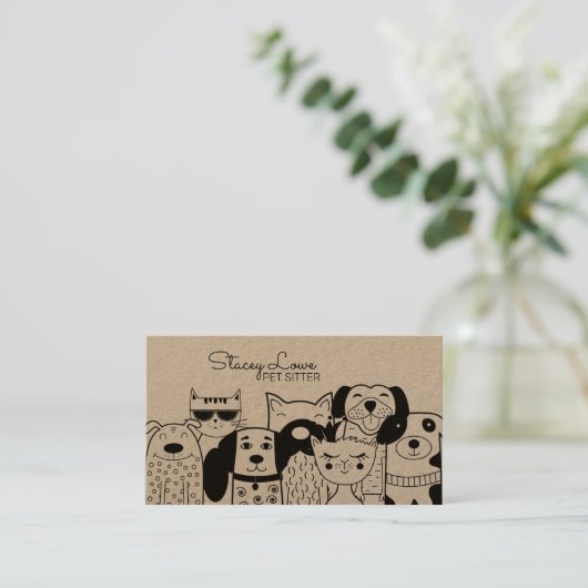 かわいい漫画犬と猫ペットシッター 名刺 (スタンド正面)