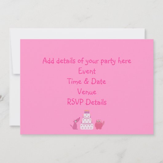 かわいい漫画犬、猫及びケーキのカスタムなピンクのパーティー 招待状 (裏面)