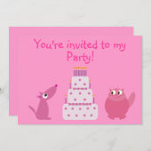 かわいい漫画犬、猫及びケーキのカスタムなピンクのパーティー 招待状 (正面/裏面)