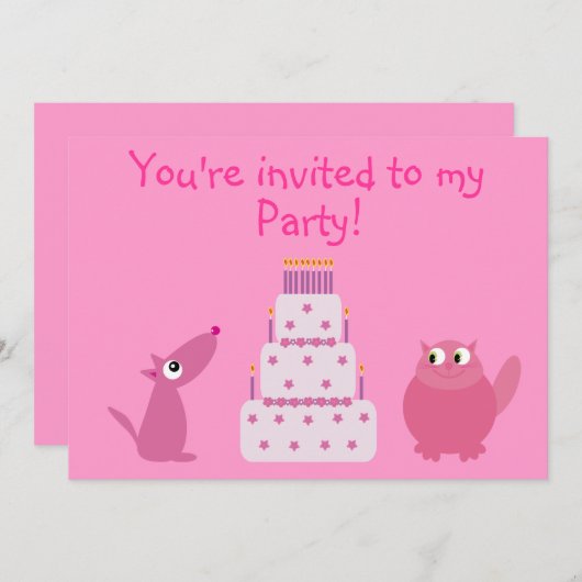 かわいい漫画犬、猫及びケーキのカスタムなピンクのパーティー 招待状 (正面/裏面)