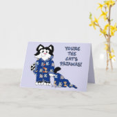 かわいい漫画猫のパジャマの挨拶状 カード (黄色い花)