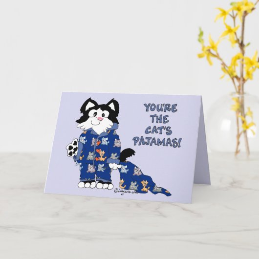 かわいい漫画猫のパジャマの挨拶状 カード (黄色い花)