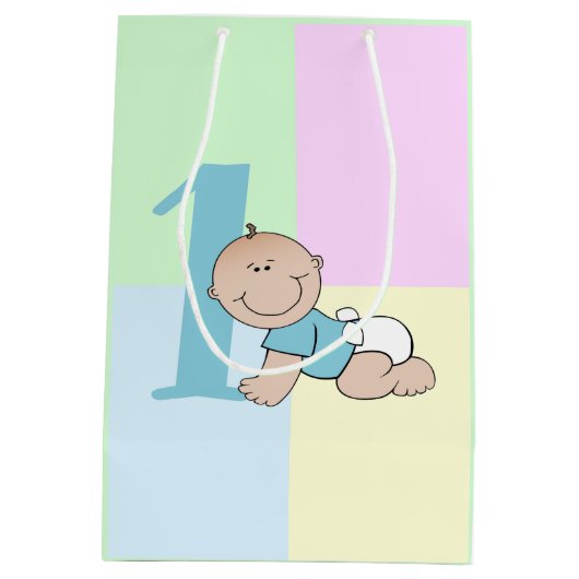 かわいい漫画男の赤ちゃん1歳の誕生日 ミディアムペーパーバッグ (裏面)