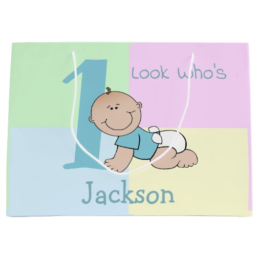 かわいい漫画男の赤ちゃん1歳の誕生日 ラージペーパーバッグ (正面)