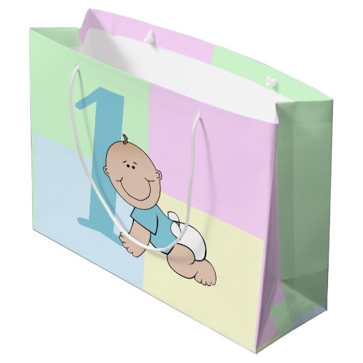 かわいい漫画男の赤ちゃん1歳の誕生日 ラージペーパーバッグ (裏面アングル)
