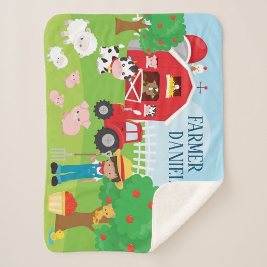 かわいい漫画納屋周囲の庭動物、農家、トラクター シェルパブランケット (正面)