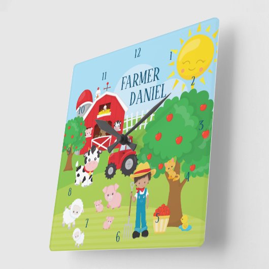 かわいい漫画納屋周囲の庭動物、農家、トラクター スクエア壁時計 (傾斜)